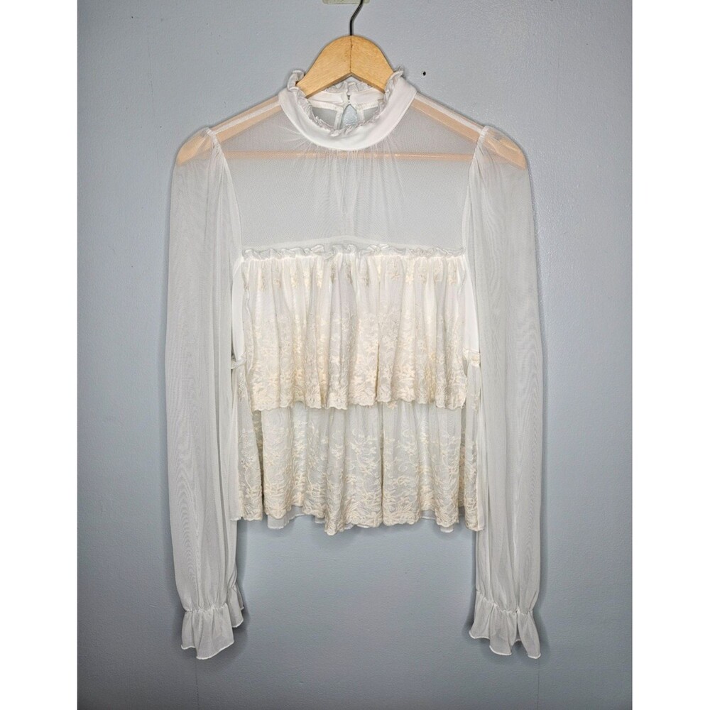 FRANCESCA'S Sheer Mesh Tiered High Neck Blouse Small Ruffles Ivory Romantic